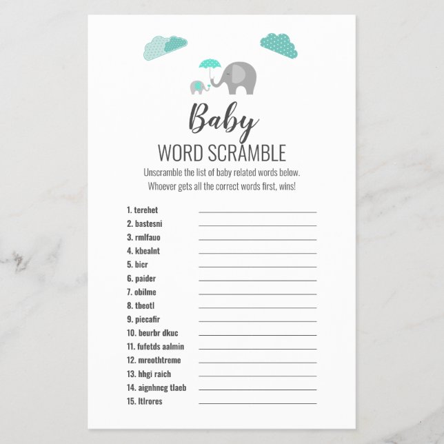 Mommy Baby Elephant mit Clouds Word Scramble Game Flyer (Vorne)