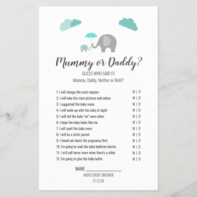Mommy Baby Elephant mit Wolken Mummy/Daddy Game Flyer (Vorne)