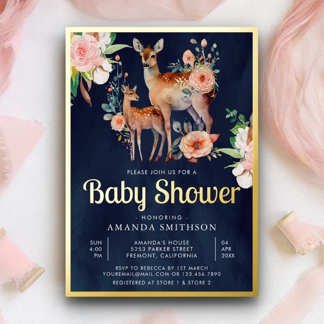 Mommy Baby Floral Deer Navy Blue Baby Dusche Gold Folieneinladung (Von Creator hochgeladen)