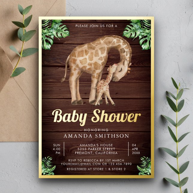 Mommy Baby Giraffe Safari Wood Baby Shower Gold Folieneinladung (Von Creator hochgeladen)
