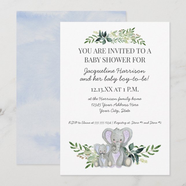 Mommy Boy Baby Elephant Foliage Pastellblau Dusche Einladung (Vorne/Hinten)