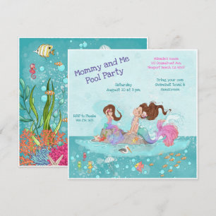 Mommy & Me Pool Girly Brünette Mermaids Einladung