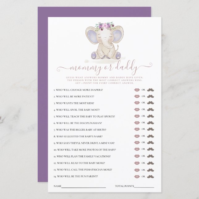 Mommy oder Daddy Elephant Girl Baby Shower Game (Vorne/Hinten)