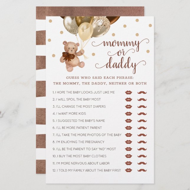Mommy oder Daddy Game Baby Shower Teddy Bear (Vorne/Hinten)
