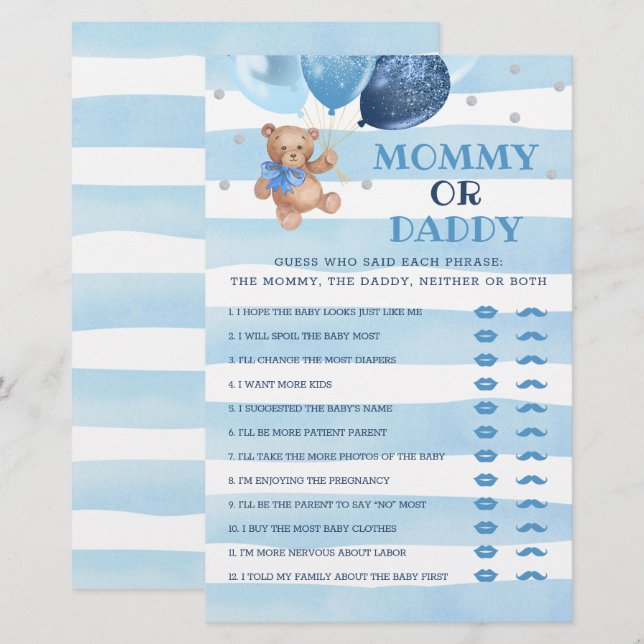 Mommy oder Daddy Game Baby Shower Teddy Bear (Vorne/Hinten)