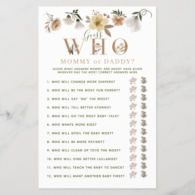 Mommy oder Daddy Game Boho Floral Baby Shower Flyer (Vorne)