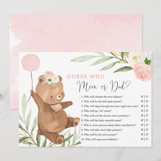 Mommy oder Daddy Game Rosa Blumenbär Einladung (Vorne/Hinten)