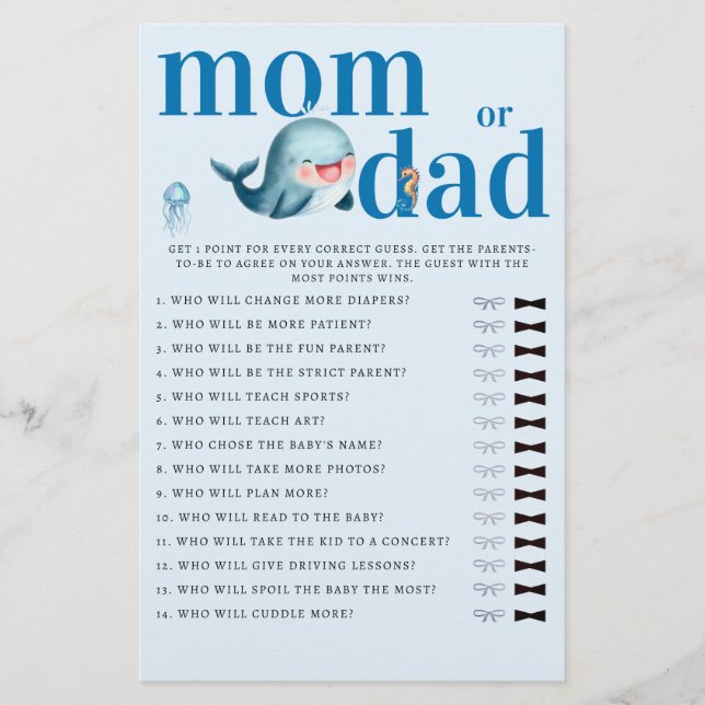 Mommy oder Daddy Guess Baby Shower Game Funny Whal Flyer (Vorne)