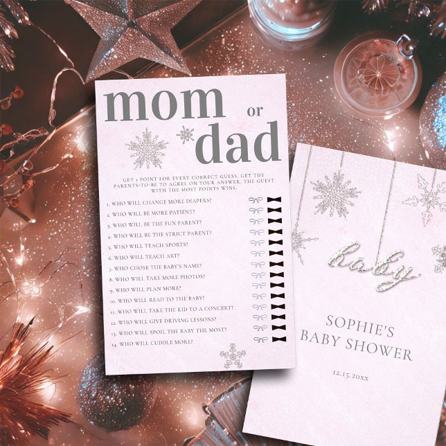 Mommy oder Daddy Guess Baby Shower Game Pink Winte Flyer (mom or dad baby shower game pink christmas winter girl invitation rhinestones glitter snowflakes)