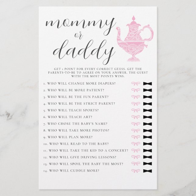 Mommy oder Daddy Guess Tea Party Girl Baby Shower Flyer (Vorne)