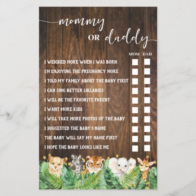 Mommy oder Daddy Safari Baby Shower Game Card Flyer (Vorne)
