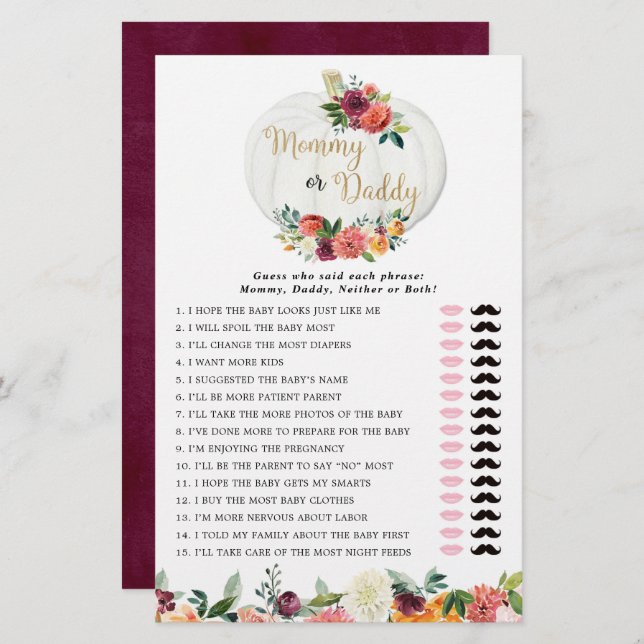 Mommy oder Daddy-Spiel fallen florale Kürbisse (Vorne/Hinten)