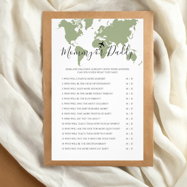 Mommy oder Daddy Travel Map Baby Shower Game Flyer (Mommy or Daddy Baby Shower Game, Travel themed)