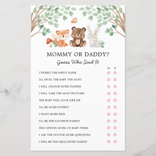 Mommy oder Daddy Woodland Baby Shower Game (Vorderseite)