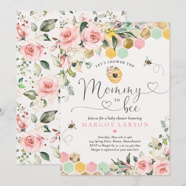 Mommy to be Greenery Pink & Gold Bee Baby Dusche Einladung (Vorne/Hinten)