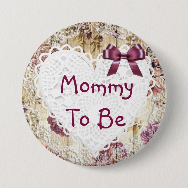 Mommy to be Shabby Chic Maroon Babydusche Button (Vorderseite)