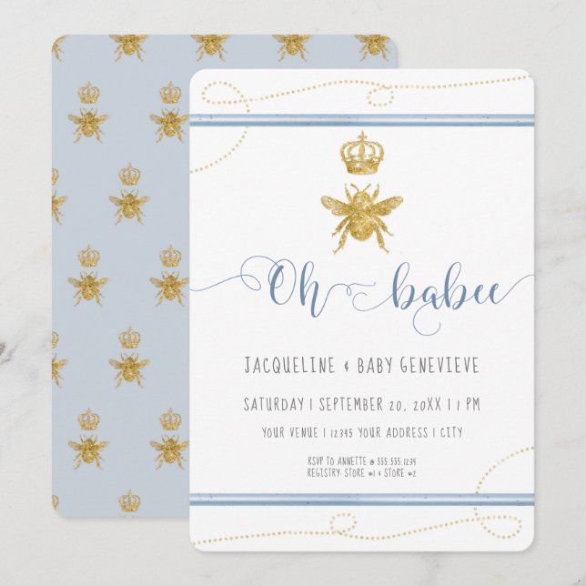Mommy to Bee Gold Glitzer Blue Boy Baby Shower Einladung (Vorne/Hinten)