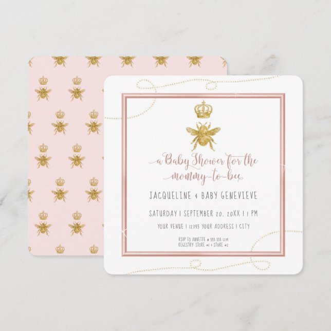 Mommy to Bee Gold Glitzer Pink Girl Baby Einladung (Vorne/Hinten)