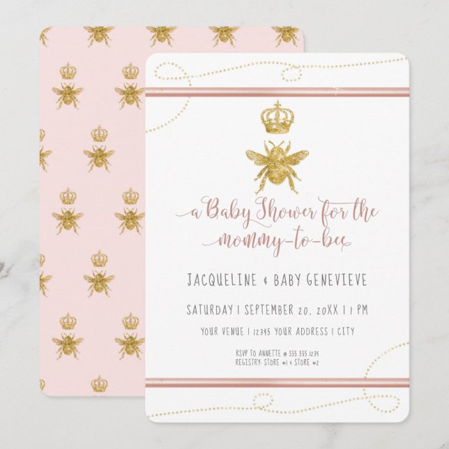 Mommy to Bee Gold Glitzer Pink Girl Baby Shower Einladung (Vorne/Hinten)