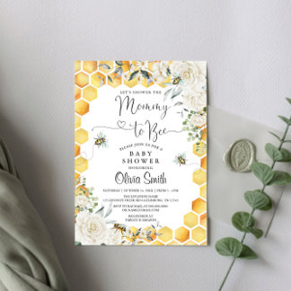 Mommy to Bee White Floral Baby shower Invitation