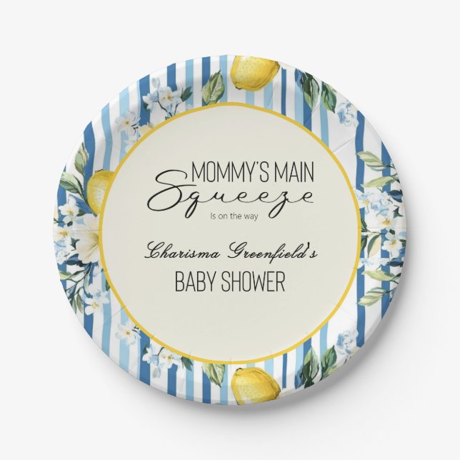 Mommys Main Squeeze Lemon Blue Boy Baby Shower Pappteller (Vorderseite)