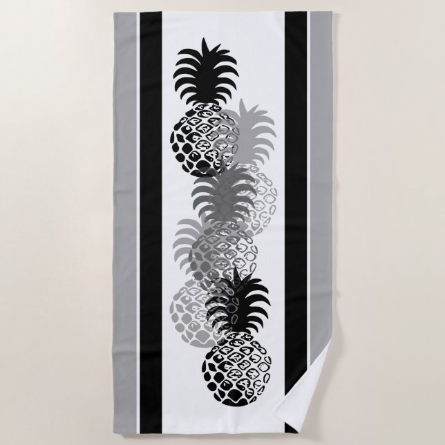 Momona Ananas Hawaiian Striped Tropical - Schwarz Strandtuch (Vorderseite)