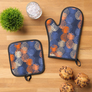 Momona Hawaiian Tropical Pineaple Blue Orange Ofenhandschuh & Topflappen-Set