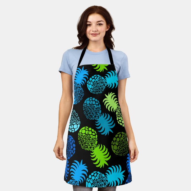 Momona Hawaiian Tropischer Ananas - Schwarzer Aqua Schürze (Getragen)