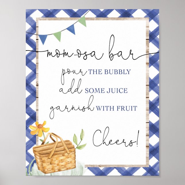 Momosa Bar Blue Gingham Picnic Babydusche Poster (Vorne)