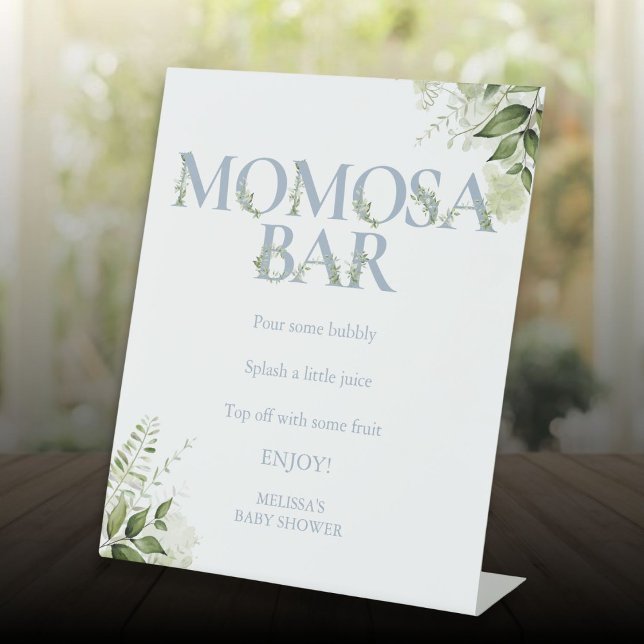 Momosa Bar Greenery Dusty Blue Babydusche Sockelschild (Momosa Bar Greenery Dusty Blue Baby Shower Pedestal Sign)