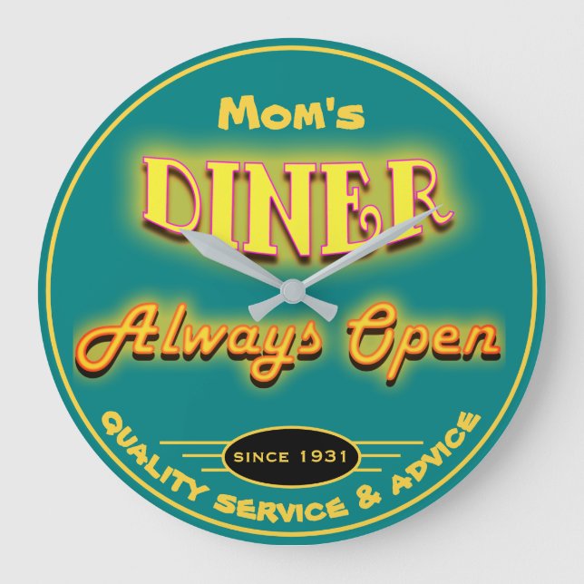 Mom's Diner or Any Name Neon Look Teal - Große Wanduhr (Vorderseite)