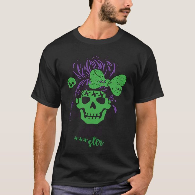 Momster Halloween Costume Skull Mum Messy Hair T-Shirt (Vorderseite)