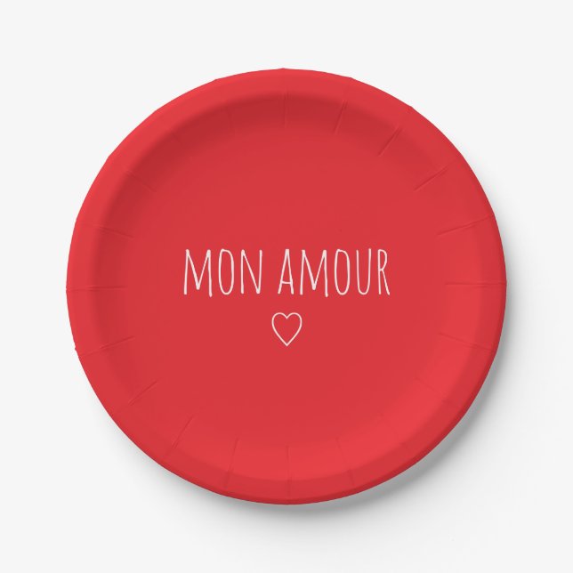 'Mon Amour' Romantisches Rot Weiß Valentinstag Pappteller (Vorderseite)