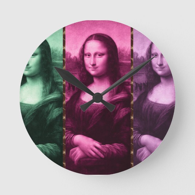 Mona Lisa Animal Print Green Pink Lila Runde Wanduhr (Vorderseite)