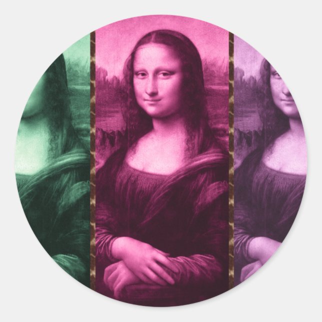 Mona Lisa Animal Print Green Pink Lila Runder Aufkleber (Vorderseite)