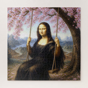 Mona Lisa auf einer Schaukel unter Kirschblüten