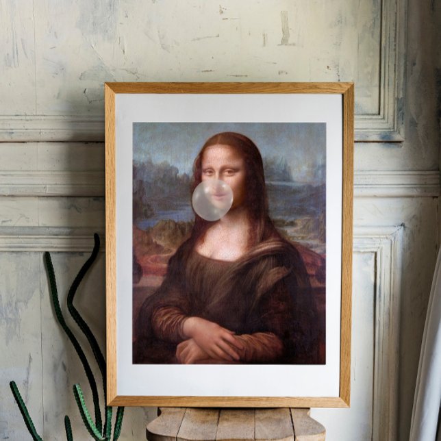 Mona Lisa bläst ein graues Kaugummi Poster (Von Creator hochgeladen)