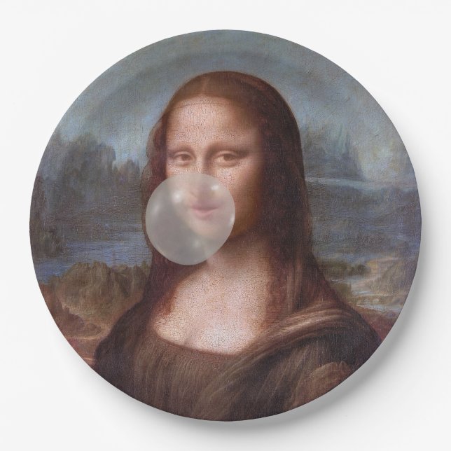Mona Lisa bläst graues Kaugummi Pappteller (Vorderseite)