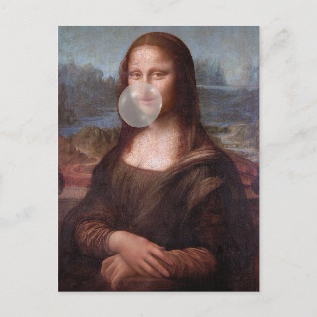 Mona Lisa bläst graues Kaugummi Postkarte (Vorderseite)