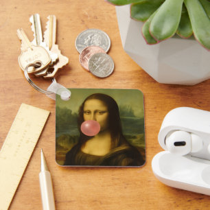 Mona Lisa bläst rosa Kaugummi Schlüsselanhänger