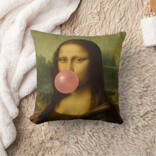 Mona Lisa bläst rosa Kaugummiblasen Kissen