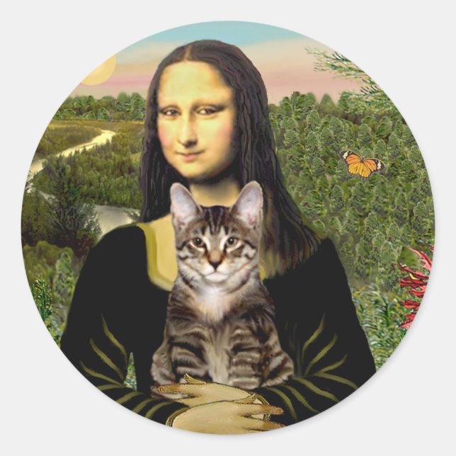 Mona Lisa - Brown Tabby Tiger cat Runder Aufkleber (Vorderseite)