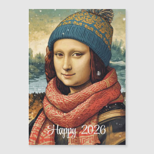 Mona Lisa en bonnet - Joyeux 2026 carte magnétique