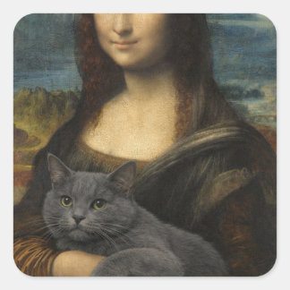 Mona Lisa hält elegante graue Katze                Quadratischer Aufkleber