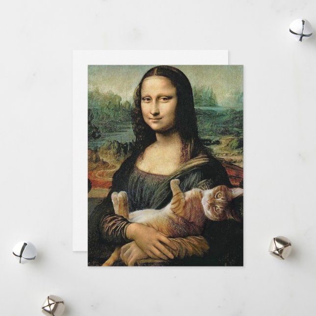 Mona Lisa hält ihre Katze Feiertagskarte (Vorderseite/Rückseite Beispiel)
