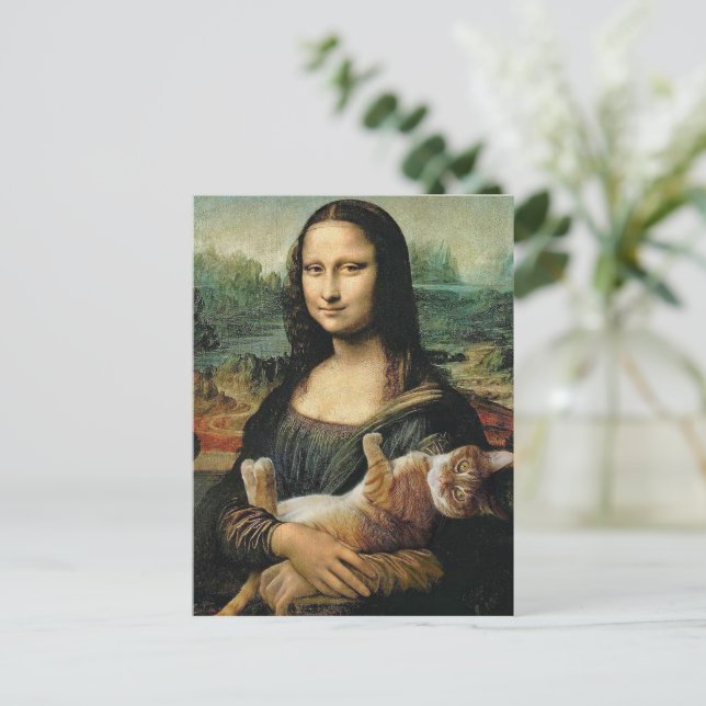 Mona Lisa hält ihre Katze Leonardo da Vinci Postkarte (Stehend Vorderseite)