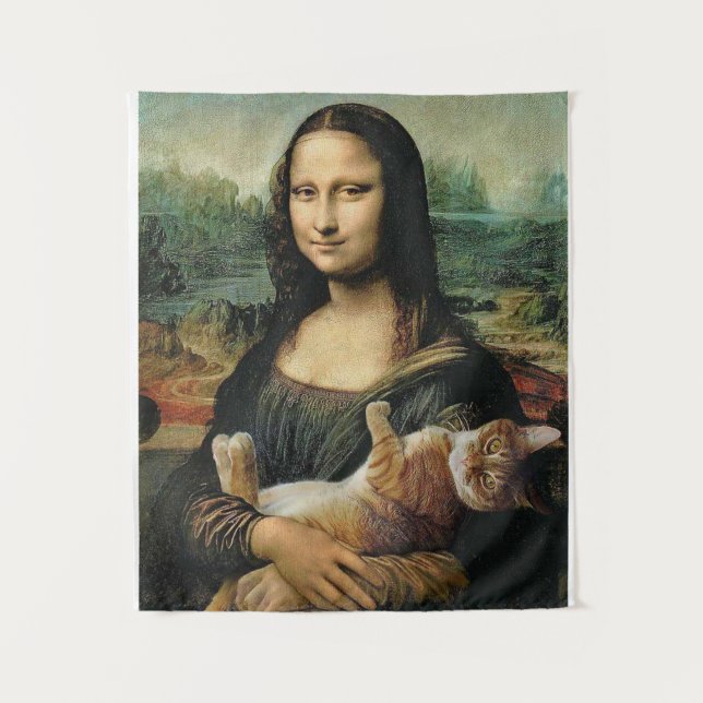 Mona Lisa hält ihre Katzenkunst Leonardo da Vinci Wandteppich (Vorderseite)