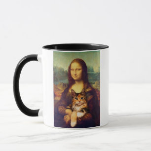 Mona Lisa hält ihren Katzenkatzen Leonardo da Vinc Tasse