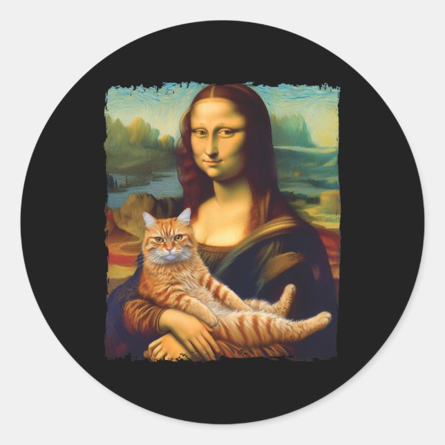 Mona Lisa Holding Cat Portrait Kunstmalerei Runder Aufkleber (Vorderseite)