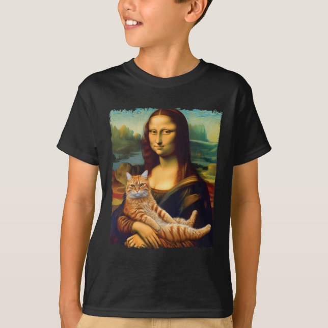 Mona Lisa Holding Cat Portrait Kunstmalerei T-Shirt (Vorderseite)